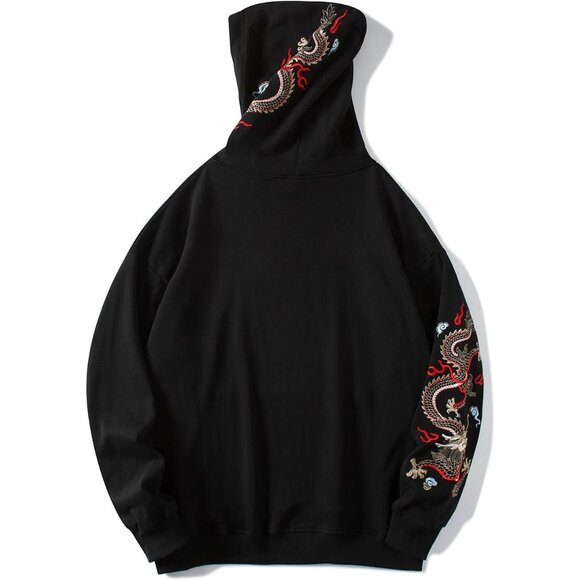 Streetwear Mens Dragon Embroidered Heavyweight Graphic Hoodie Casual Fashion - Picture 2 of 9